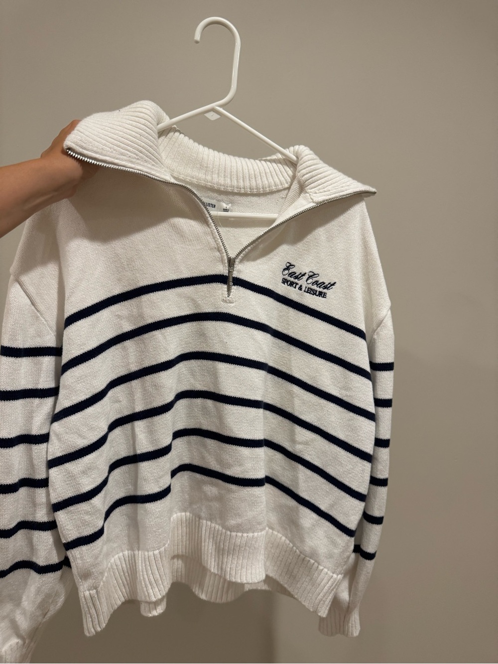 Hollister White Quarter-Zip Sweater with Navy Stripes